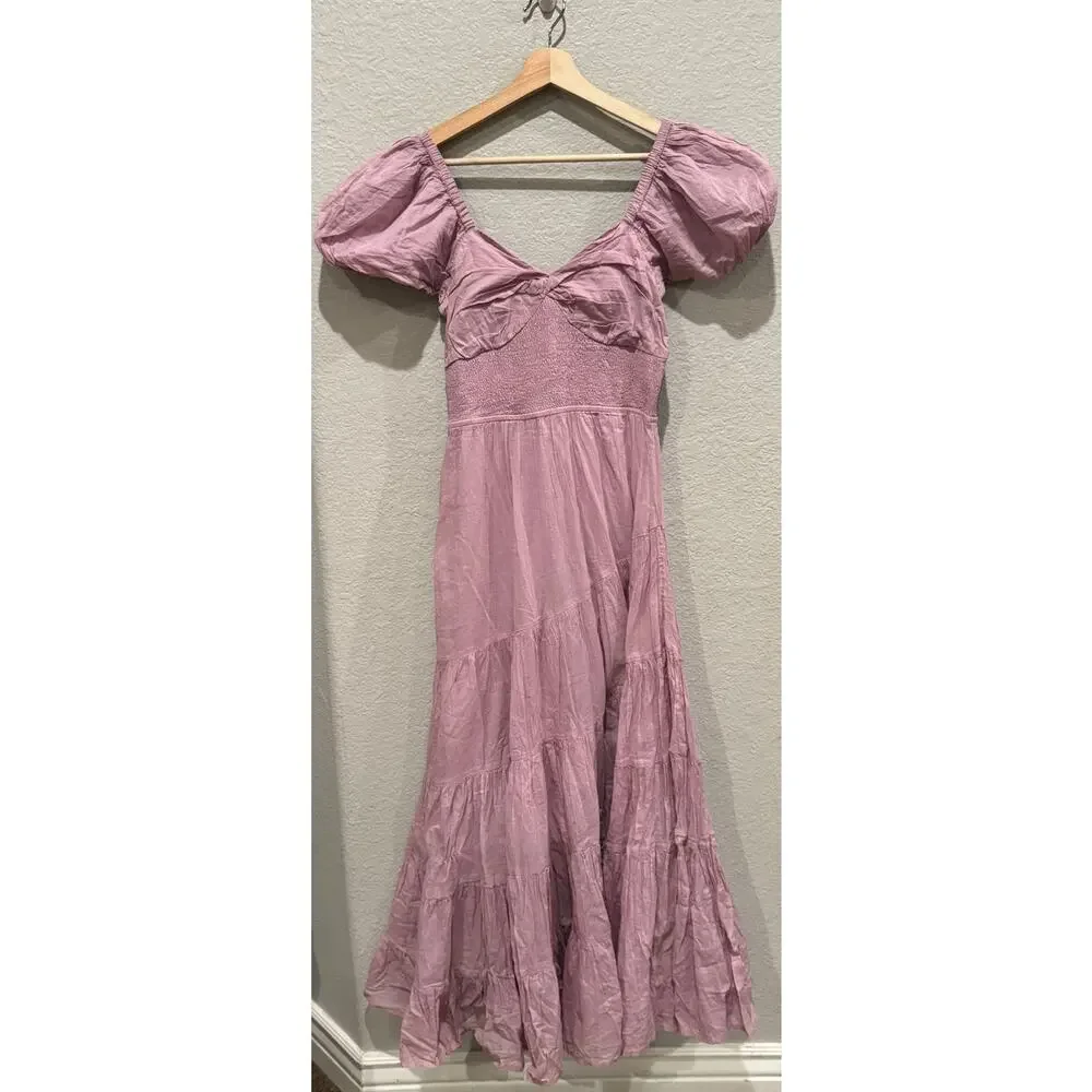 NEW FREE PEOPLE Sundrenched Smocked Puff Sleeve Maxi Dress Size Medium